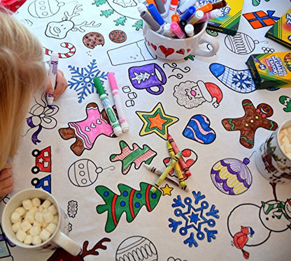 Holiday Design XL Rectangle Tablecloth 60”x102” – Interactive Coloring Fabric Tablecloth with Reusable Washable Backing