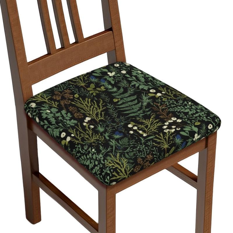 Green Botanical Chair Seat Covers Set of 2 - Waterproof & Elastic Dining Chair Protectors (Black & Green, 9"x7")