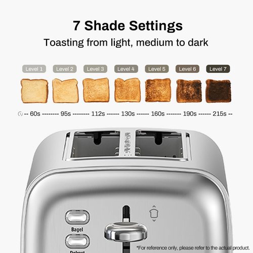Brushed Stainless Steel 2-Slice Toaster - Extra Wide Slots for Bagels & Waffles | 7 Shade Settings