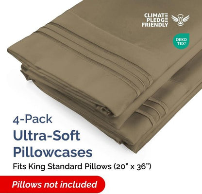 King Standard Pillow Cases by [Brand Name] - Soft Hotel Quality Covers | 4-Piece Set in Khaki - Comfy & Machine Washable