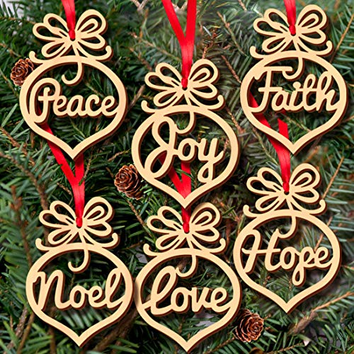 48 Pack Wooden Christmas Ornaments with Words for Holiday Decorations