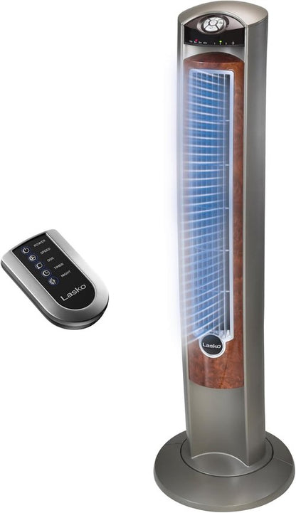 Lasko Oscillating Tower Fan - Quiet Remote-Controlled Floor Fan for Bedroom | 42" Woodgrain & Grey