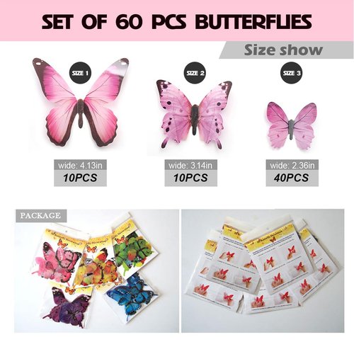 60pcs Butterfly Wall Decor, Plastic Fake Butterflies Wall Art Artware Decorations for Birthday Wedding Christmas Party Decorations, Cake Decorations, Removable Stickers