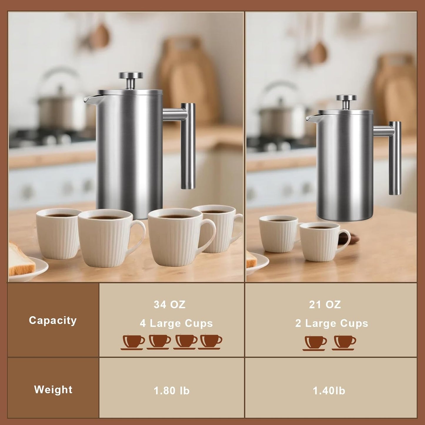 Skiennix French Press Coffee Maker - 34 Oz Double-Walled Insulated Design | 4 Cups, Dishwasher Safe