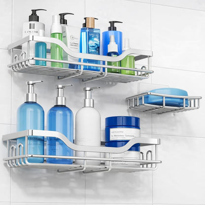 OMAIRA Shower Caddy - 3-Pack Adhesive Rustproof Organizer with Soap Holder for Smooth Walls | Silver (Large)