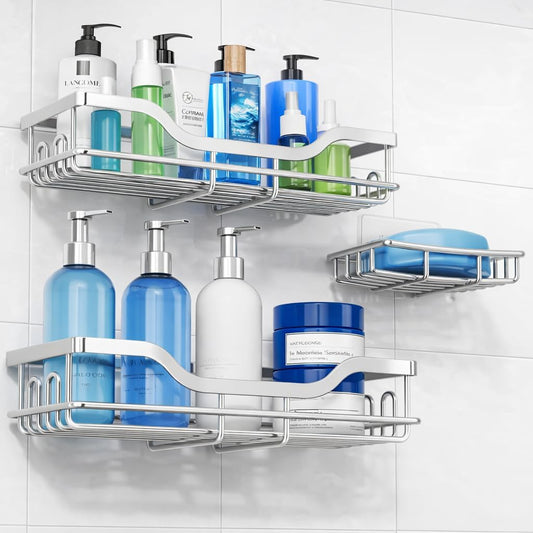 OMAIRA Shower Caddy - 3-Pack Adhesive Rustproof Organizer with Soap Holder for Smooth Walls | Silver (Large)