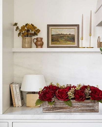 Flower Arrangement | Skiennix 14" Artificial Flowers in Wooden Vase - Red Roses, Peonies & Hydrangeas for Table Decor