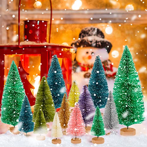 50 Pcs Mini Christmas Tree Set - MixColor Bottle Brush Trees with Wooden Bases