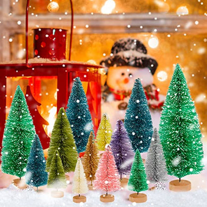50 Pcs Mini Christmas Tree Set - MixColor Bottle Brush Trees with Wooden Bases