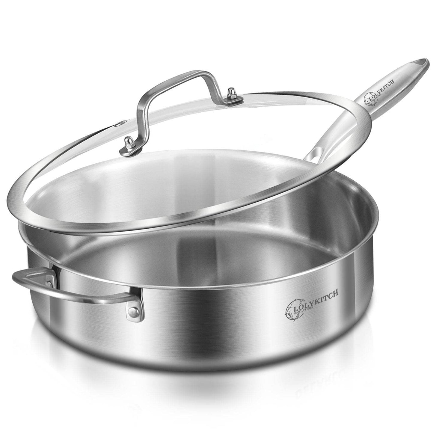 LOLYKITCH 6 QT Tri-Ply Stainless Steel Sauté Pan with Lid,Deep Frying Pan,Large Skillet,Jumbo Cooker,Induction Cooking Pan,Oven Safe and Detachable Handle.