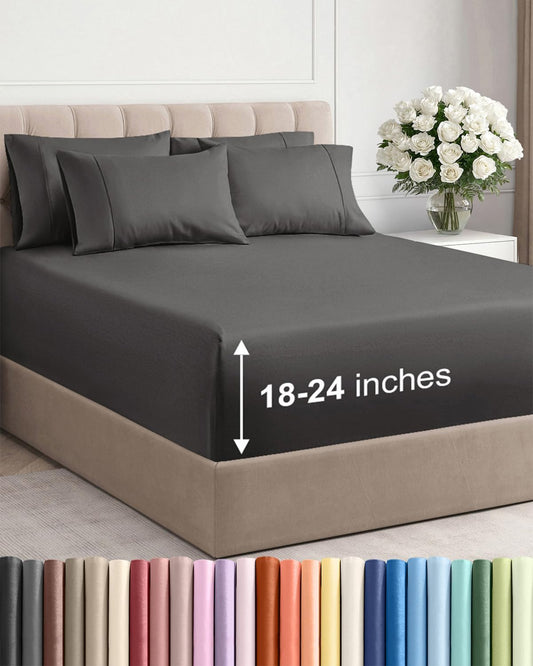 Skiennix Extra Deep Full Sheet Set | 6-Piece Breathable Cooling Bedding | Soft, Wrinkle-Free Charcoal