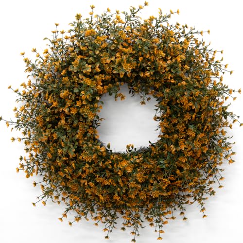 26 Inch Fall Boxwoods Wreath with Orange Accents for Front Door - Home Decor