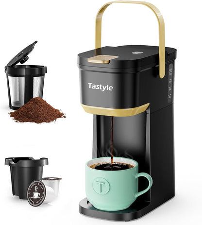 Skiennix Single Serve Coffee Maker - Portable Mini Brewer for K Cups & Grounds | 6-12 Oz, Black & Gold