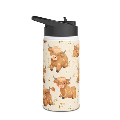 Insulated Water Bottle, 12oz, Cute Highland Cow - Double Walled Stainless Steel, Keeps Drinks Hot or Cold