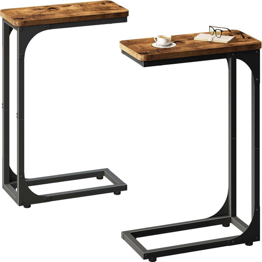 QEEIG Narrow C Shaped Side Table Set - Slim Couch Tray Tables in Rustic Brown | 7-Inch Width, Set of 2