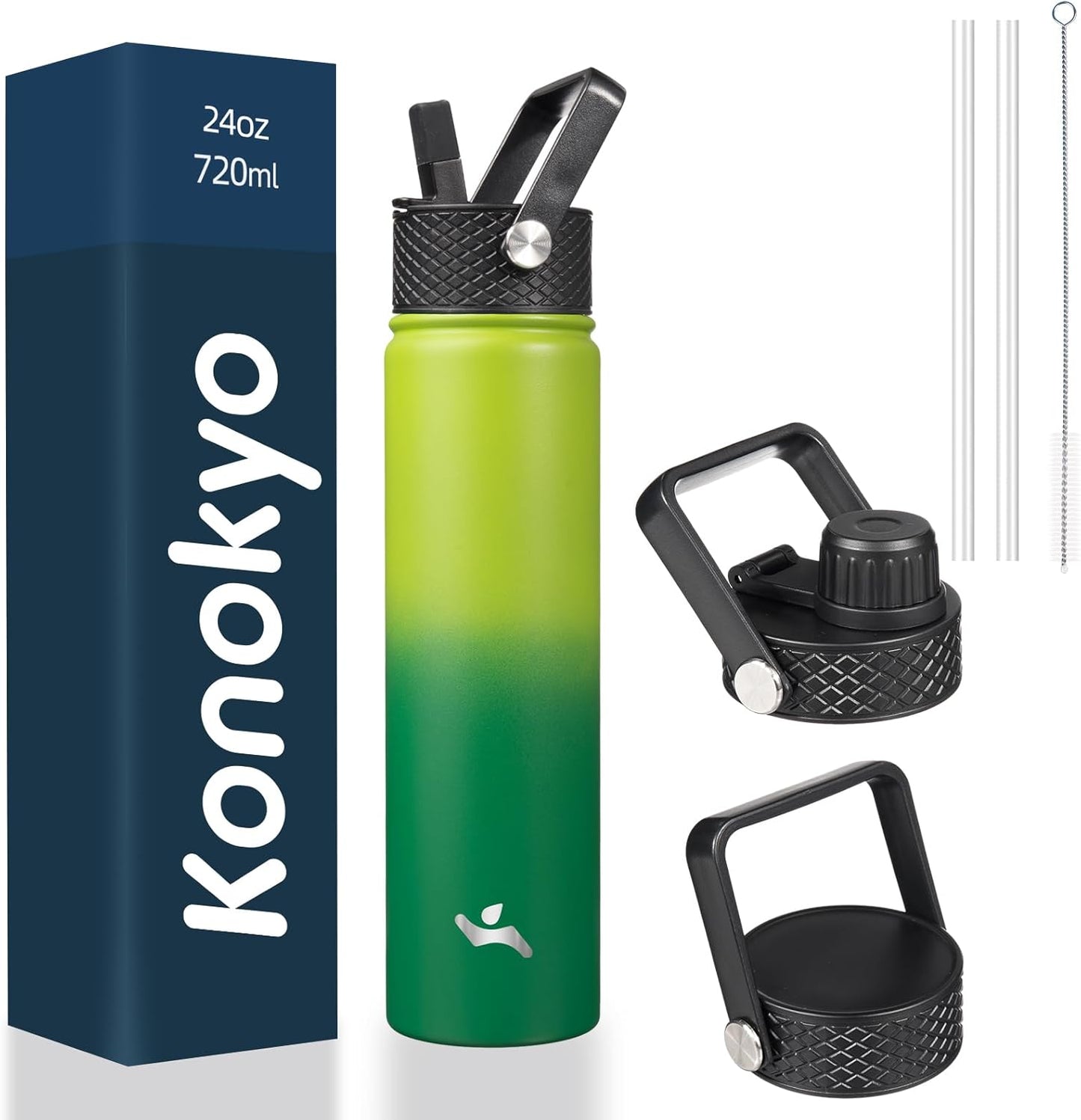 Skiennix Insulated Water Bottle - 24oz Stainless Steel Sport Bottle with 3 Lids | Bamboo Grove Design