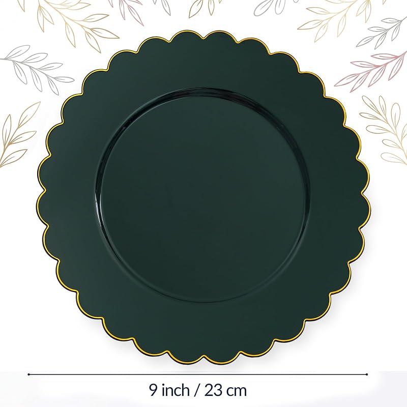 Green Gold 9 Inch Heavy-Duty Christmas Plates - Disposable Scalloped Plastic (Variation: Green Gold)
