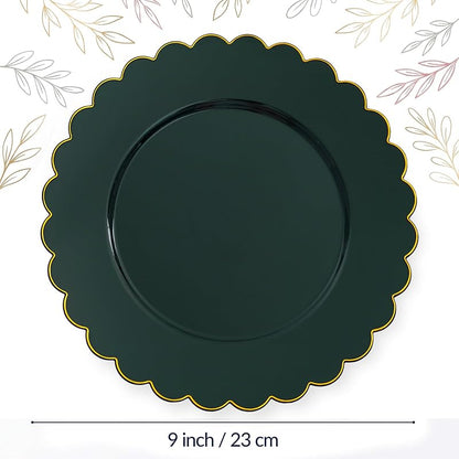 Green Gold 9 Inch Heavy-Duty Christmas Plates - Disposable Scalloped Plastic (Variation: Green Gold)