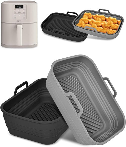 Bella Collapsible Air Fryer Silicone Liners - Reusable Non-Stick Baking Basket Insert | 2-Pack, Gray & Black