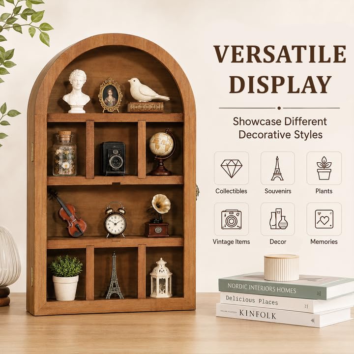 Vintage Wooden Shadow Box Trinket Shelf with Acrylic Door - Wall Mount or Tabletop Display