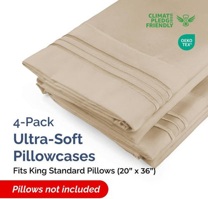 King Standard Pillow Cases by King - Soft Hotel Quality Pillowcase Covers - 4 Piece Set in Cream