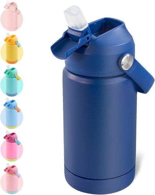 Kerilyn Kids Water Bottle - 12oz Stainless Steel Insulated Cup with Straws | Leak-Proof, BPA Free, Blue