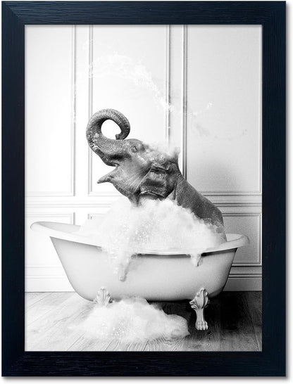 Regine Switzerland Elephant in Bathtub Wall Art - Funny Black & White Canvas Print for Bathroom Decor