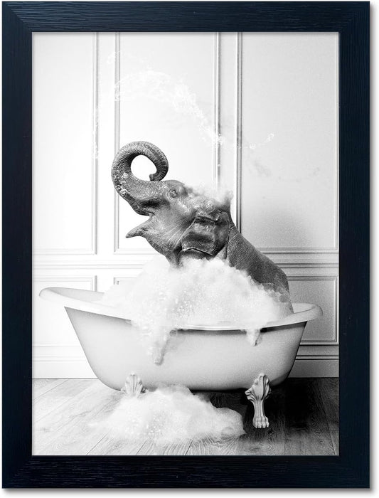 Regine Switzerland Elephant in Bathtub Wall Art - Funny Black & White Canvas Print for Bathroom Decor