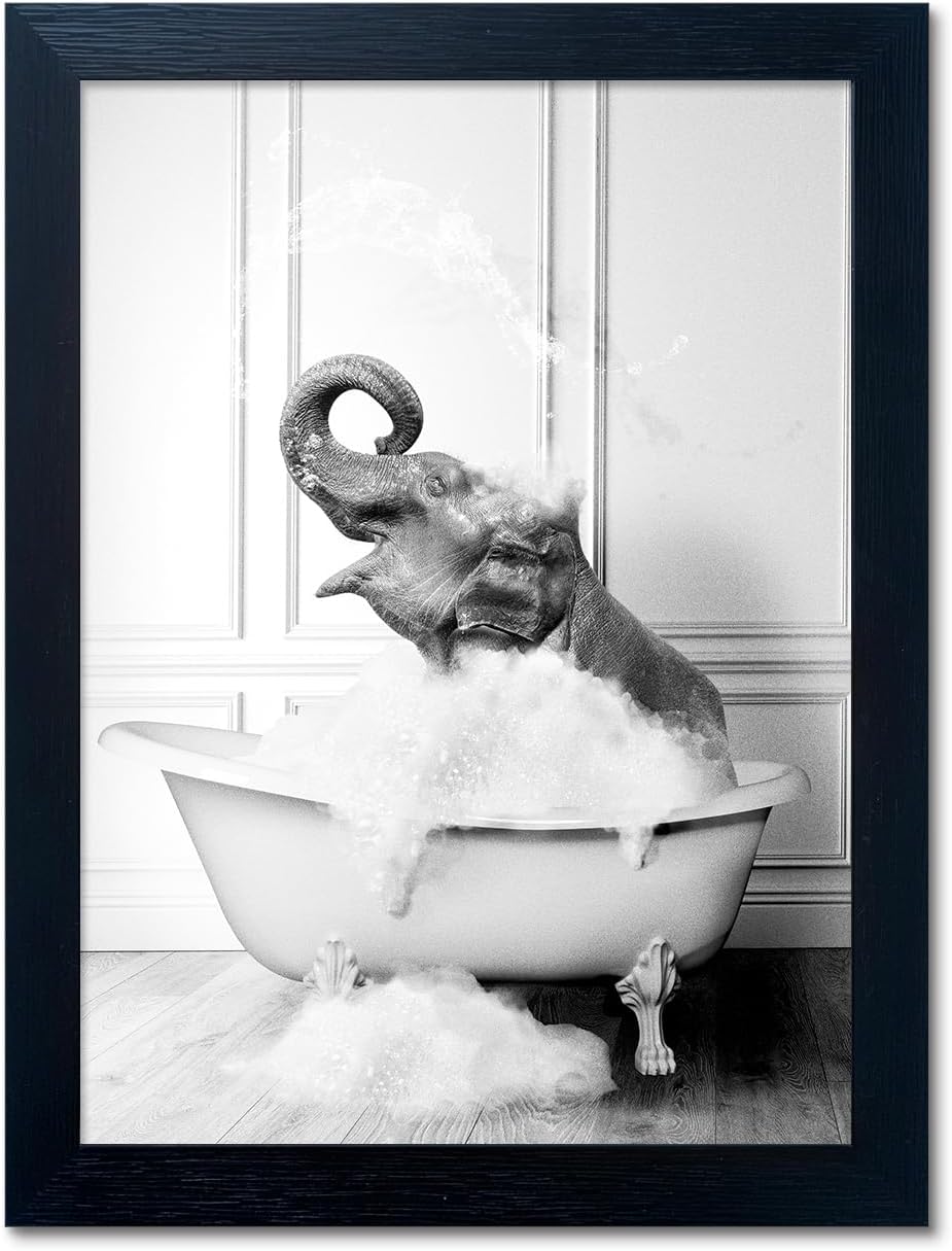 Regine Switzerland Elephant in Bathtub Wall Art - Funny Black and White Canvas Print for Bathroom Decor