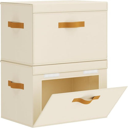 Homsorout Large Storage Bins - Front Opening Fabric Organizers with Lids, 2 Pack, Beige