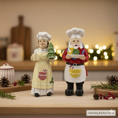 iStatue Chef Santa & Mrs. Claus Figurines Set | 5'' Hand-Painted Resin Holiday Decor - Durable Xmas Collectibles