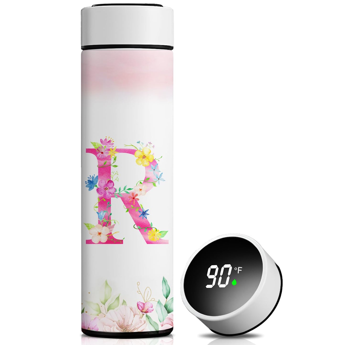 Personalized 16oz Initial Water Bottle,Smart Sport Water Bottle with LED Temperature Display,Customized Letter Coffee Thermos,Travel Coffee Mug (R)