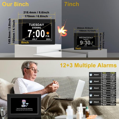 8inch Extra Large Impaired Vision Digital Alarm Clock with Day and Time for Elderly Calendar Clock Auto Dimmable Clock