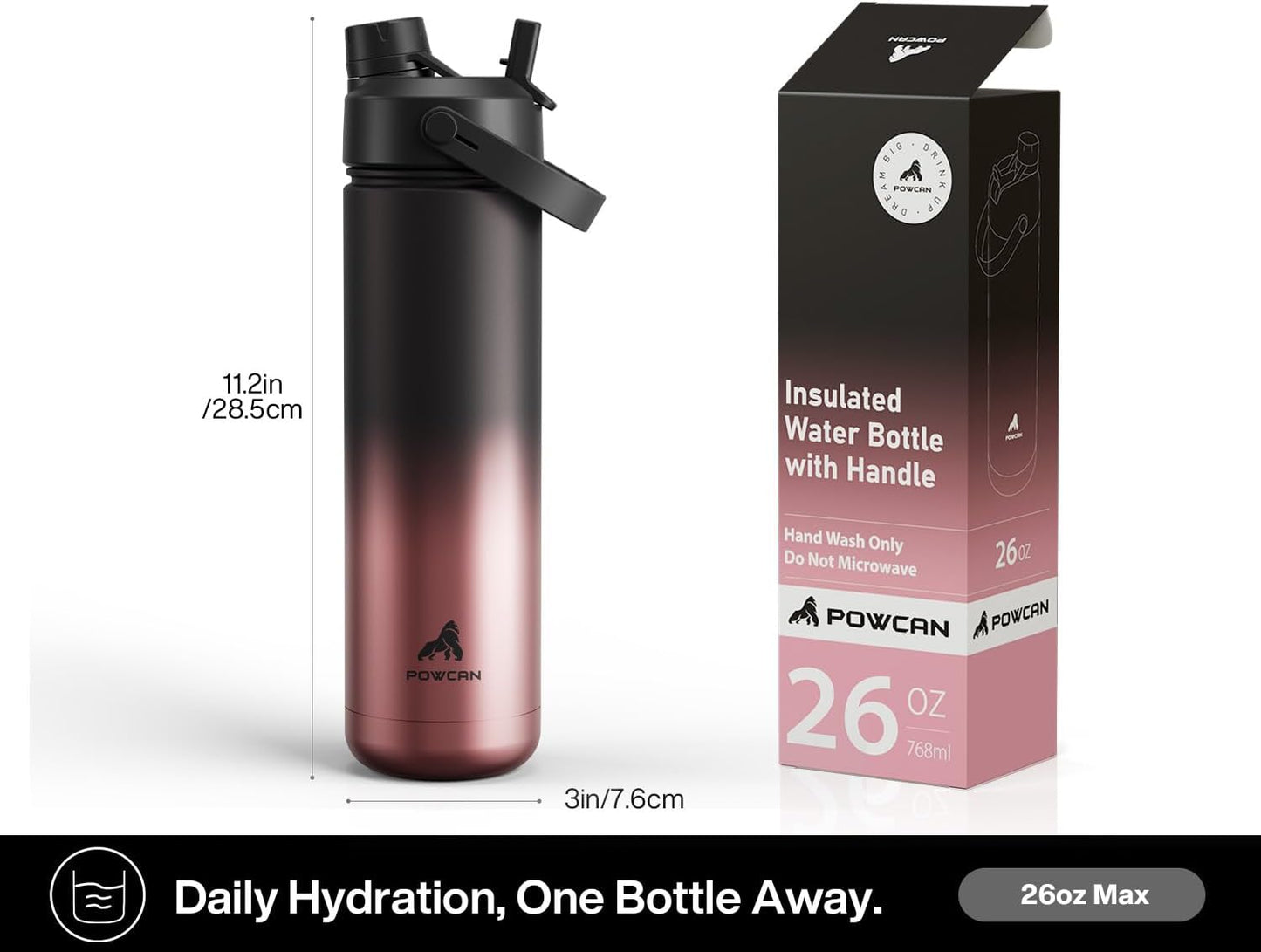 POWCAN 26 oz Insulated Water Bottle - 2-in-1 Straw & Spout Lid, Leak-Proof, Fits Car Cup Holder | Queen Design