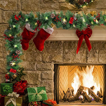9 FT LED Christmas Garland with Pinecones Berries Bows & Lights