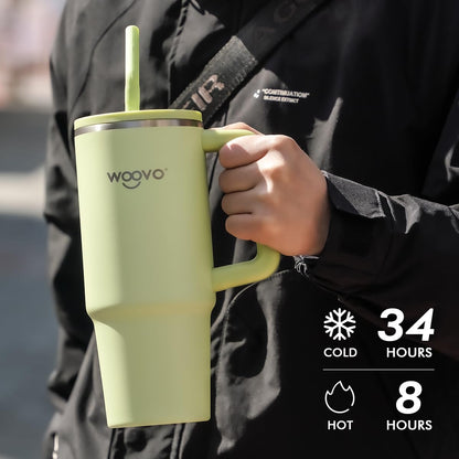 WOOVO 30oz Tumbler with Handle and Straw, Insulated Coffee Mug with Splash Proof Lid, BPA Free Reusable Double Wall Stainless Steel Water Cup, Keep Beverages Cold Hot for Hours, Gradient Green