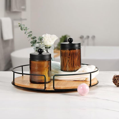 Amolliar Amber Glass Qtip Holder - Stylish Apothecary Jar with Matte Black Lid | 4-Pack Bathroom Organizer for Cotton Swabs & Floss
