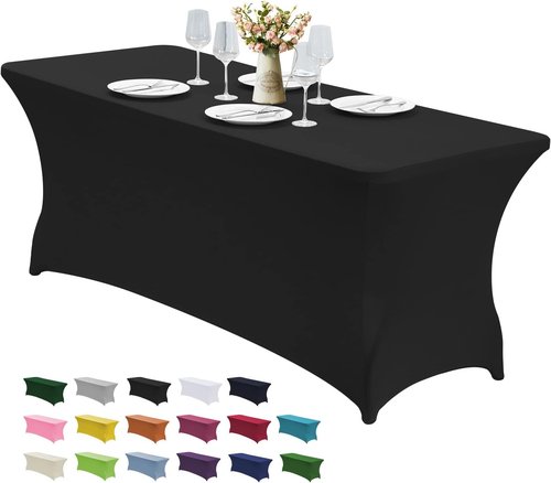 CWK 4FT Waterproof Stretch Spandex Table Cover - Elastic Fitted Tablecloth for Rectangular Tables | Wrinkle-Resistant Black Design for Events