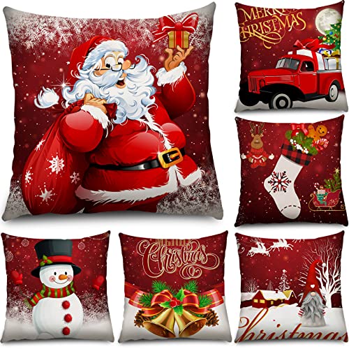 Christmas Pillow Covers 6 Pcs Soft Plush Santa Snowman & Bell Design - 20 x 20 Inches - Funny Style