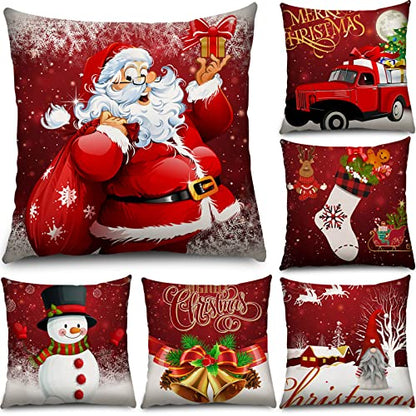 Christmas Pillow Covers 6 Pcs Soft Plush Santa Snowman & Bell Design - 20 x 20 Inches - Funny Style