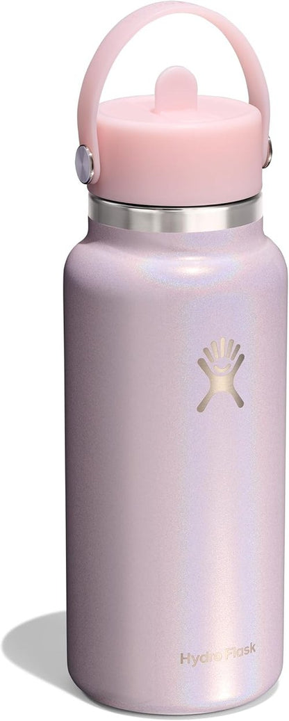 Hydro Flask Water Bottle - Insulated Stainless Steel - 32 Oz Wide Mouth with Flex Straw Lid in Glimmer Pink