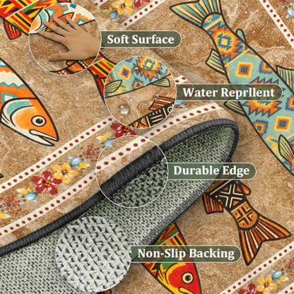 Boho Fish Runner Rug 1.3x7 Kitchen Rug Washable Beige Pattern 5
