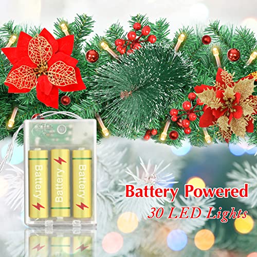 9Ft Pre-lit Christmas Garland with LED Lights Battery Operated Decorative Wreath for Indoor Outdoor Holiday Decor