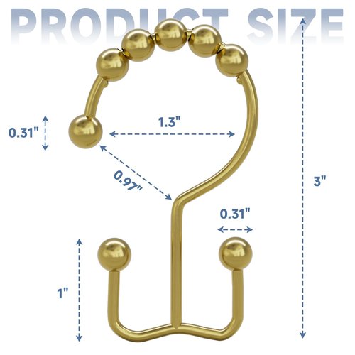 Titanker Gold Shower Curtain Hooks Rings, Rust-Resistant Metal Double Glide Shower Hooks Rings for Bathroom Shower Curtains Rods, Set of 12 Hooks - Light Gold