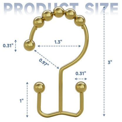 Titanker Gold Shower Curtain Hooks Rings, Rust-Resistant Metal Double Glide Shower Hooks Rings for Bathroom Shower Curtains Rods, Set of 12 Hooks - Light Gold