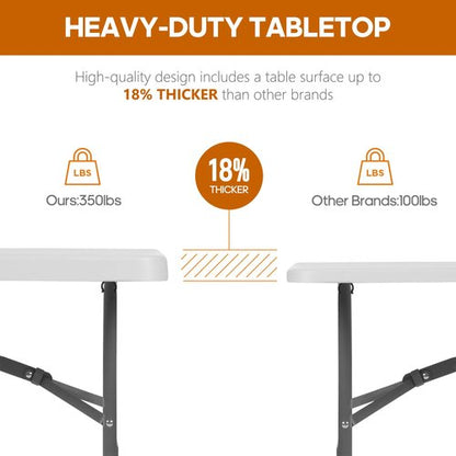 LUCKPRO 6ft Folding Table Heavy Duty 350 LBS Capacity Foldable Table with 18% Thicker HDPE Waterproof Top & Reinforced Steel Frame, Portable Fold-in-Half Table for Outdoor Indoor Party Wedding Camping
