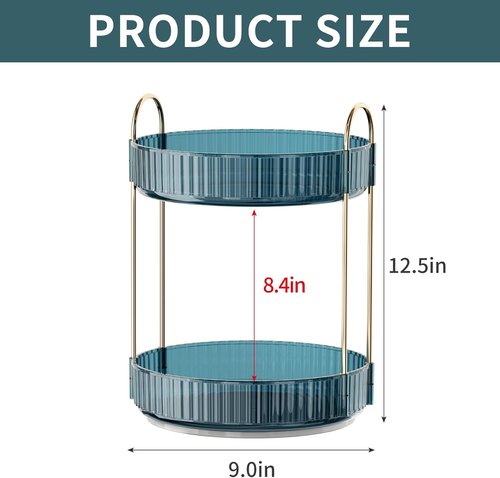 INVSSENE 360° Rotating Makeup Organizer - Large Capacity Vanity Shelf for Cosmetics & Skincare (Blue, 2 Tiers)