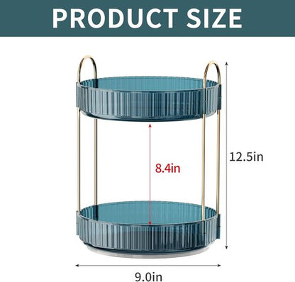 INVSSENE 360° Rotating Makeup Organizer - Large Capacity Vanity Shelf for Cosmetics & Skincare (Blue, 2 Tiers)