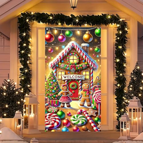 Christmas Gingerbread House Door Cover 35x71 Inch Polyester Holiday Decor