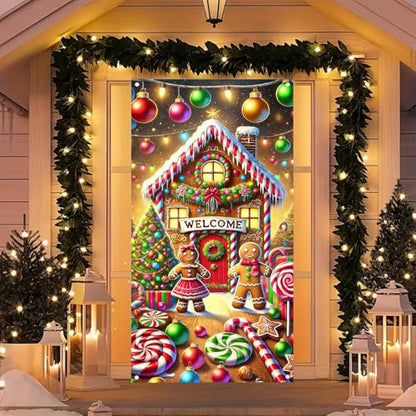 Christmas Gingerbread House Door Cover 35x71 Inch Polyester Holiday Decor